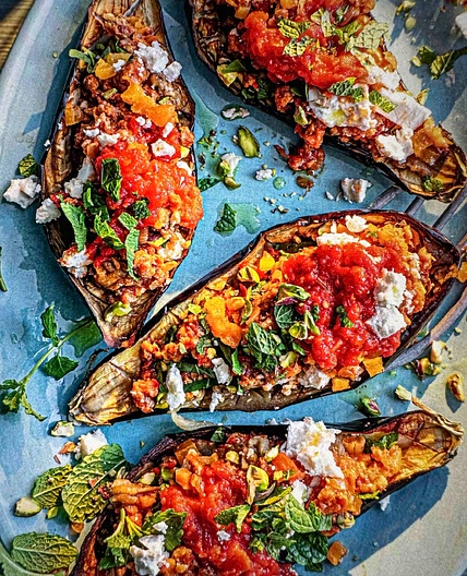 Spicy sausage stuffed aubergine 