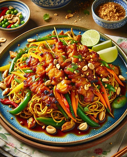 Crispy Air-Fried Satay Chicken with Stir-Fry Vegetables and Noodles