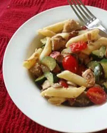 Pasta with Chicken, Bacon, and Summer Vegetables