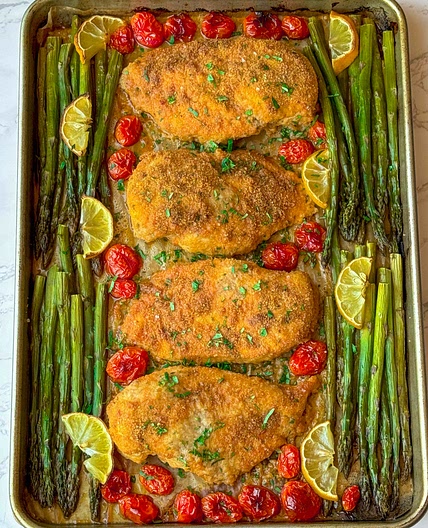 Parm Crusted Chicken with Roasted Asparagus And Burst Tomatoes