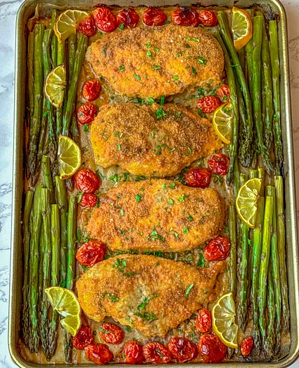 Parm Crusted Chicken with Roasted Asparagus And Burst Tomatoes