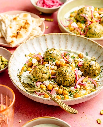 Sheet Pan Jalapeño Pistachio Chicken Meatball Bowls