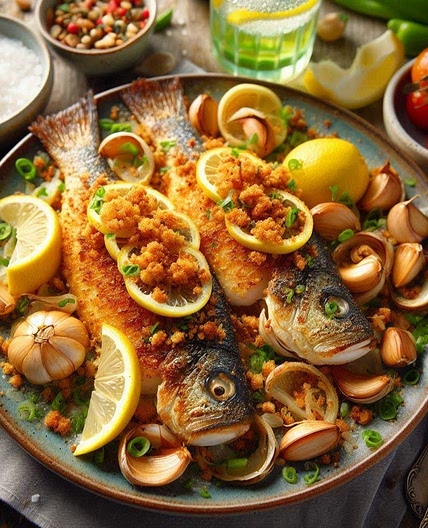 Zesty Crumb-Crusted Sea Bass with Roasted Garlic