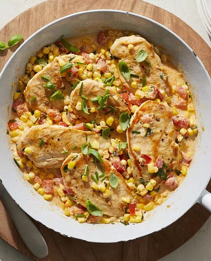 Creamy Skillet Chicken with Corn, Tomato & Basil