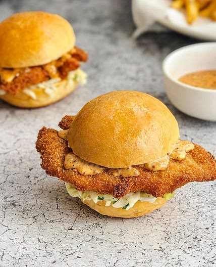 Chicken Schnitzel Sliders with Slaw and Creamy Mustard