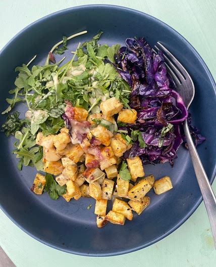 Miso Cabbage with Arugula, Tempeh, Japanese Sweet Potatos, and Quinoa