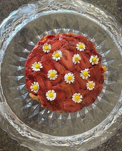 Strawberry Chamomile Upside-Down Cake - CafeHailee