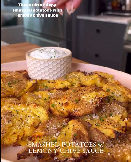CRISPY SMASHED POTATOES WITH LEMONY CHIVE SAUCE