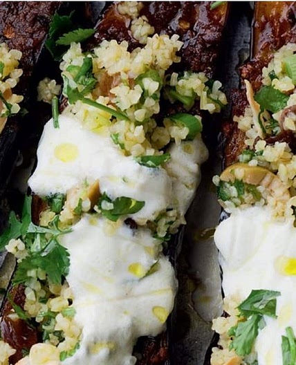 Chermoula aubergine with bulgur and yoghurt