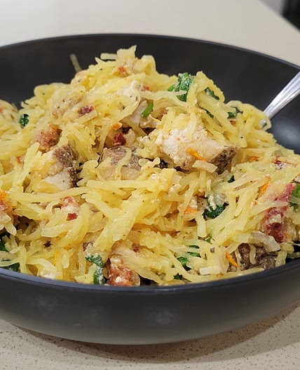 Spaghetti Squash Tuscan Chicken Alfredo