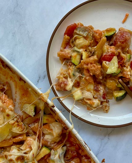 Dump and Bake Mediterranean Pasta