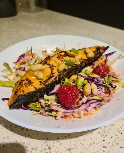 Peanut Butter Salmon with Berry Slaw