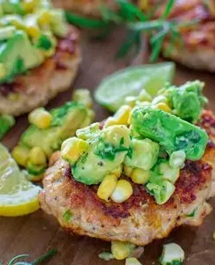 Chicken Burgers with Avocado Corn Salsa