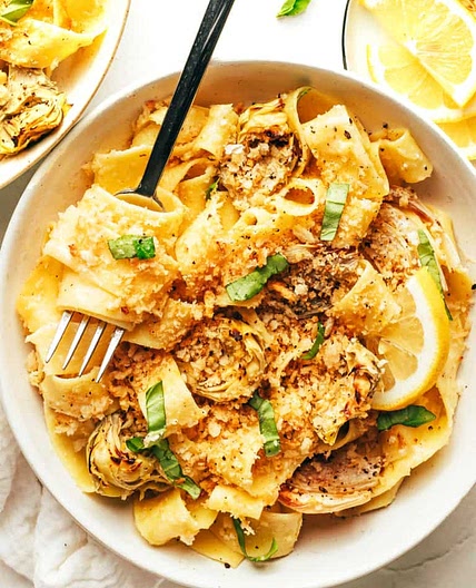 LEMON BUTTER PASTA WITH ROASTED ARTICHOKES AND FENNEL