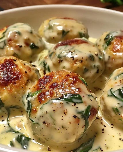 Chicken Riccotta Meatballs with Spinach Alfredo Sauce