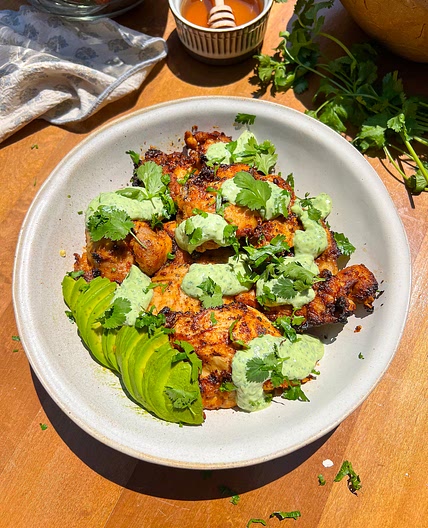 (Air Fryer) Peruvian Chicken Thighs with Creamy Avocado Green Sa