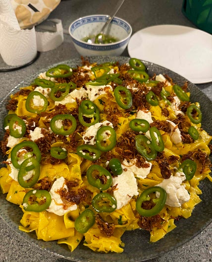 Saffron pasta with chipotle shallots and pickled chillies