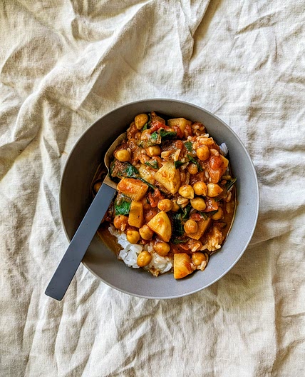 Coconut Chickpea & Turnip Curry with Spinach & Rice