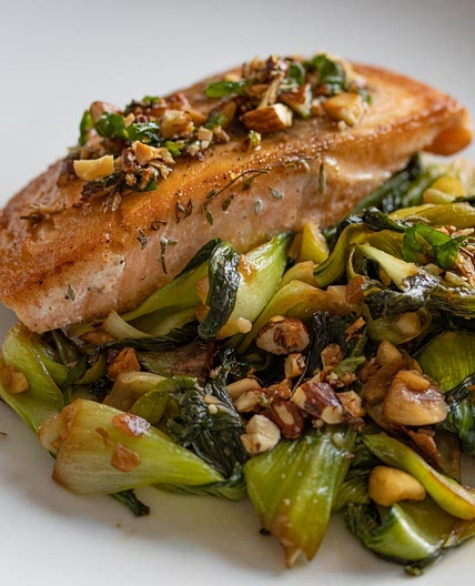 Salmon with Steamed Bok Choy and Almonds