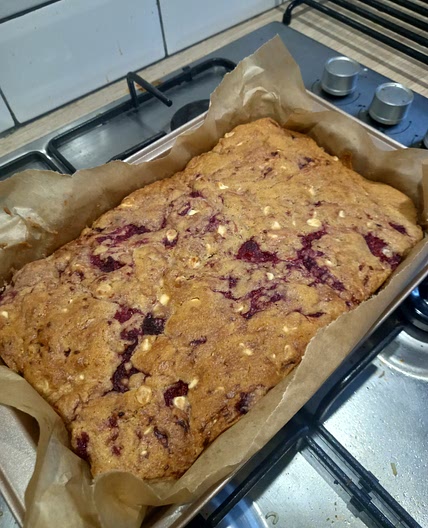 White chocolate and berry blondies