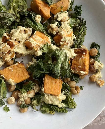 Roasted Sweet Potato Kale Salad with Cashew Dressing