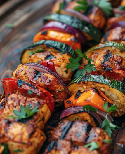 Brochettes Veganos a la Parrilla de Tofu y Verduras, Marinados con Salsa de soja y Wasabi