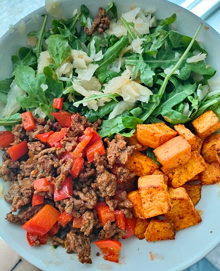 Ground Beef and Sweet Potato Skillet with Sauerkraut Salad