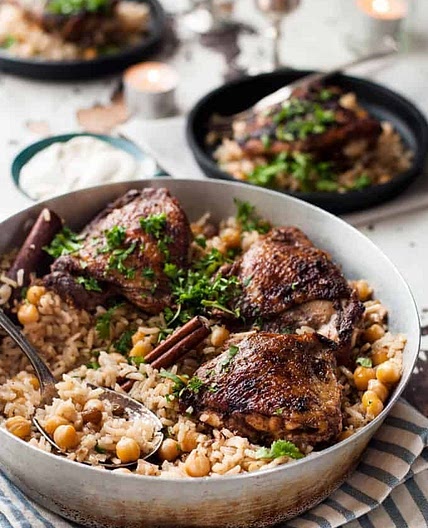One Skillet Oven Baked Chicken Shawarma and Rice Pilaf