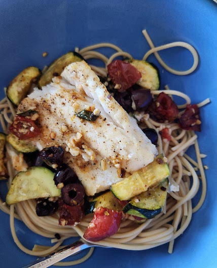 Roasted Cod with Tomatoes, Zucchini, and Olives