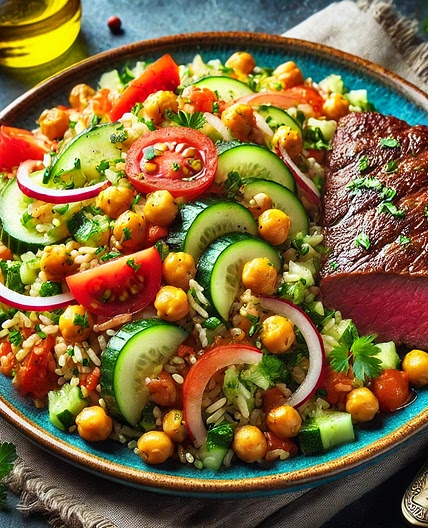 Salade boeuf, pois chiches avocat et riz