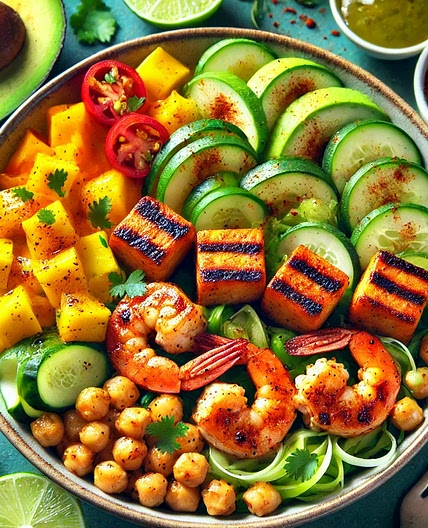 Salade seitan crevettes mangue avocat