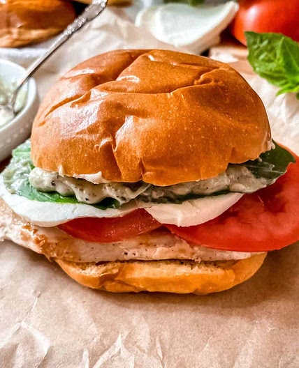 Caprese Chicken Sandwich with Basil Pesto Mayo