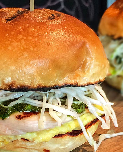 Grilled Chicken, Creamed Corn and Cilantro Coleslaw Sandwich