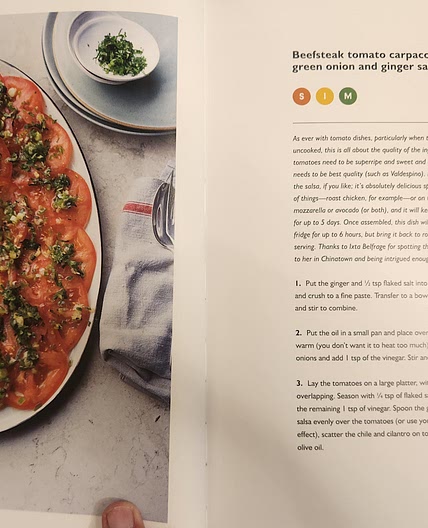 Beefsteak tomato carpaccio with green onions and ginger salsa