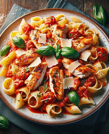 Pâtes au poulet parmesan, sauce tomate et basilic