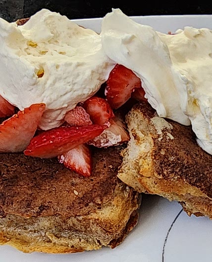 Country Style French Toast with Armaretto Whipped Cream and Strawberries