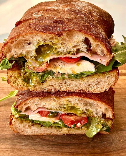 Toasted  Ciabatta with Pesto Mozzarella and Rocket 