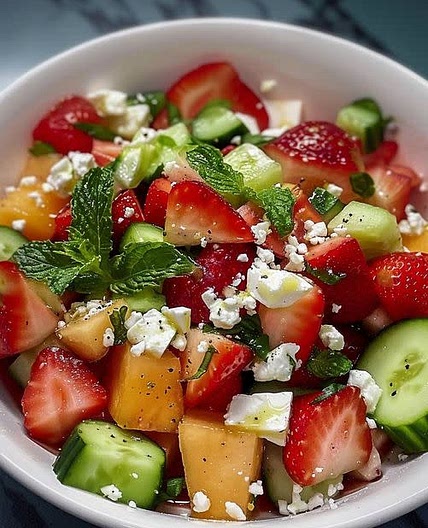 Salade de Fraises, Melon, Concombre, Fromage Feta et sa Vinaigrette Sucrée