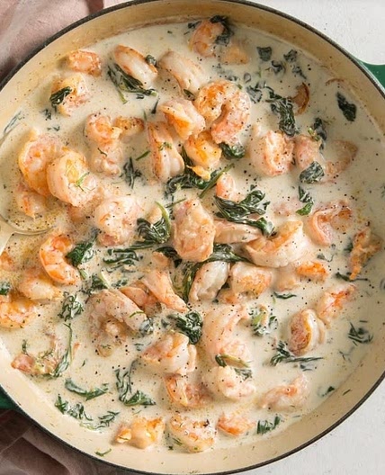 Creamy Spinach-Dill Shrimp over noodles