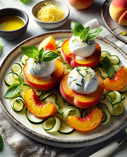 Roasted Peaches, Burrata, Basil, and Lemon with Courgette Shavings