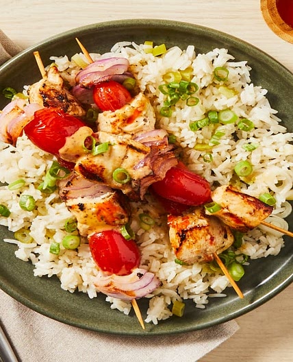 Marinated Chicken Shawarma Skewers with Onion & Tomatoes over Scallion Rice