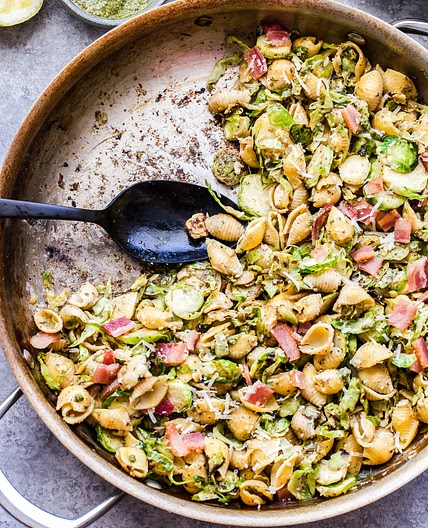 Brussels Sprouts and Bacon Pesto Pasta