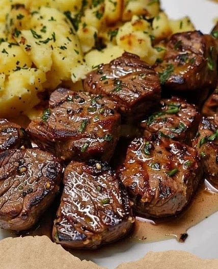 Garlic Butter Steak Bites and Cheesy Smashed Potatoes