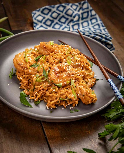 Creamy spicy ramen noodles with shrimp