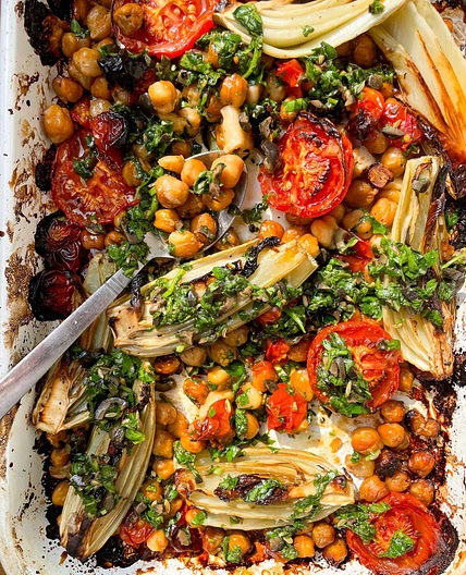 Roast Fennel, Tomatoes + Chickpeas with a Herby, Black Olive Vinaigrette