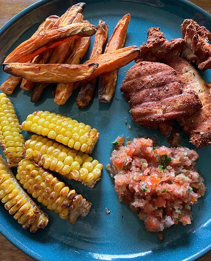 Syn Free Peri Peri Chicken, Sweet Potato, Corn Ribs and Salsa