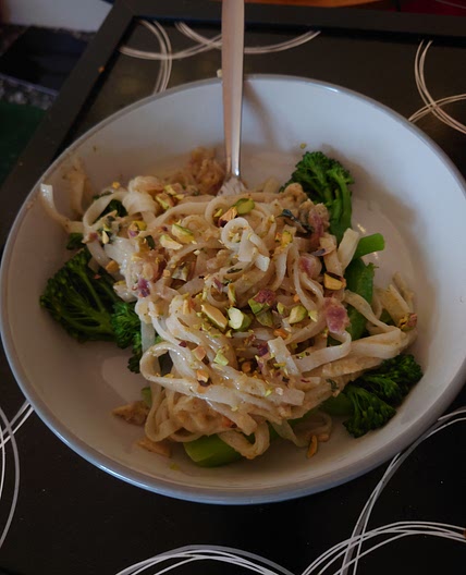 Purple-sprouting broccoli with rice noodles