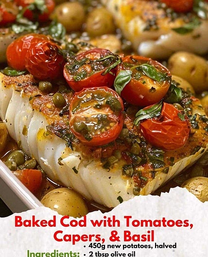 Baked Cod with Tomatoes, Capers, & Basil