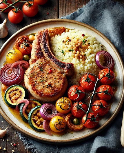 Côte de porc aux légumes confits et semoule