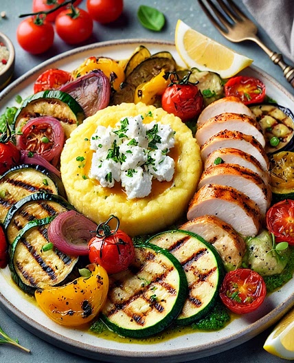 Polenta au chèvre poulet grillé et légumes d'été